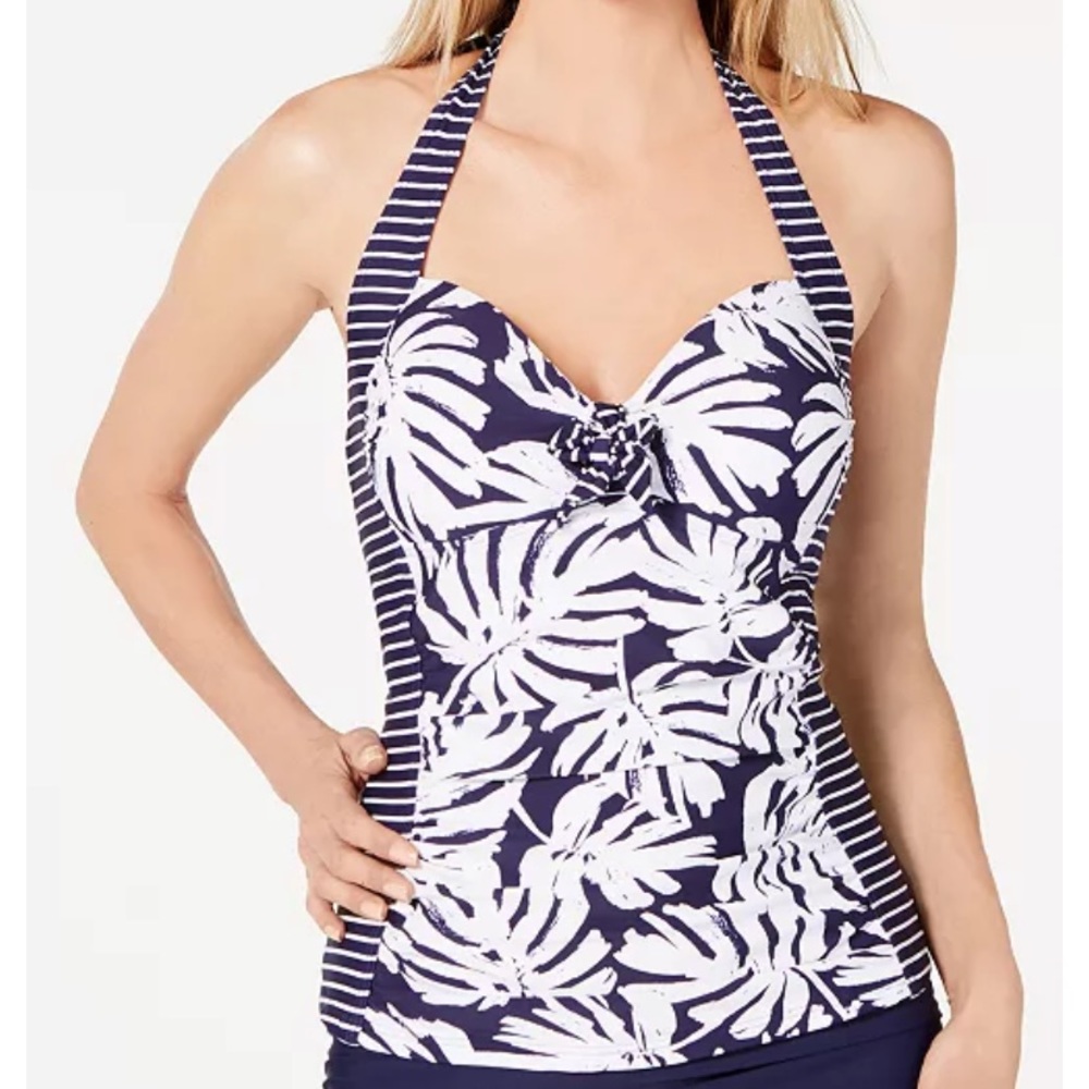 Island Escape Blue Floral Stripe Halter Tankini Top Cuba Shirred Slimming 6 NEW